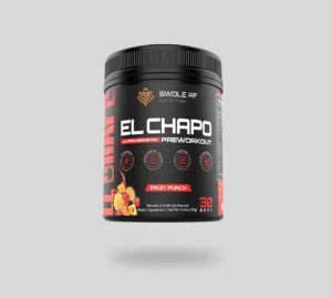 A black container of "EL CHAPO" pre-workout supplement with a fruit punch flavor, featuring bold red and white text.