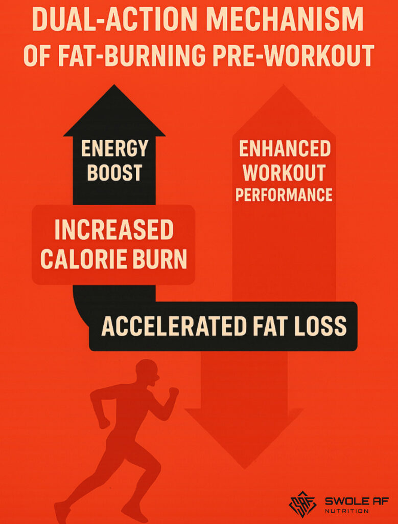 Infographic showing dual-action mechanism of fat-burning pre-workout with energy boost arrow pointing to improved workout performance and thermogenesis arrow pointing to increased calorie burn, both leading to accelerated fat loss - best pre workout supplement for fat loss infographic 