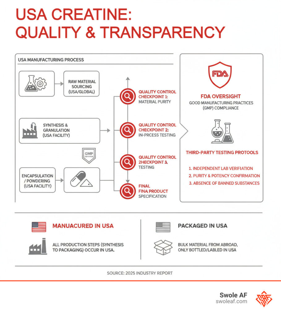 Infographic showing the creatine manufacturing process in USA facilities with quality control checkpoints, FDA oversight, third-party testing protocols, and the difference between manufactured vs packaged in USA labeling - USA made creatine infographic Infographic showing the creatine manufacturing process in USA facilities with quality control checkpoints, FDA oversight, third-party testing protocols, and the difference between manufactured vs packaged in USA labeling - USA made creatine infographic