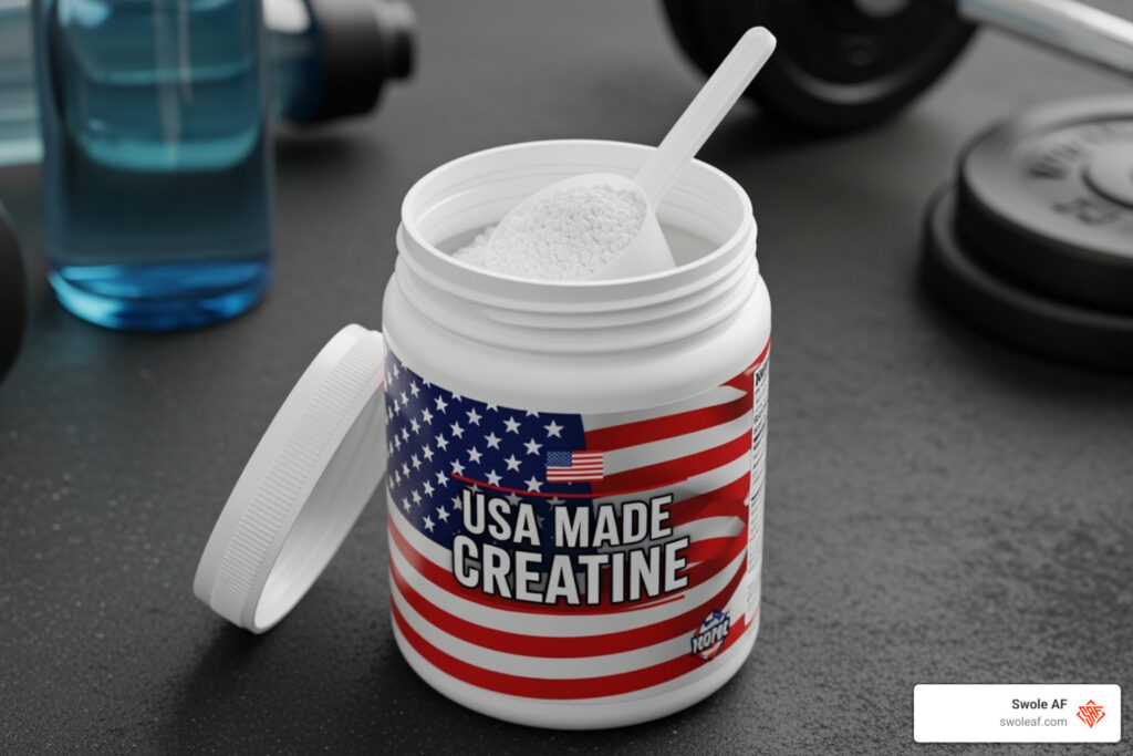 supplement label highlighting the "manufactured in" and certification logos - USA made creatine supplement label highlighting the "manufactured in" and certification logos - USA made creatine