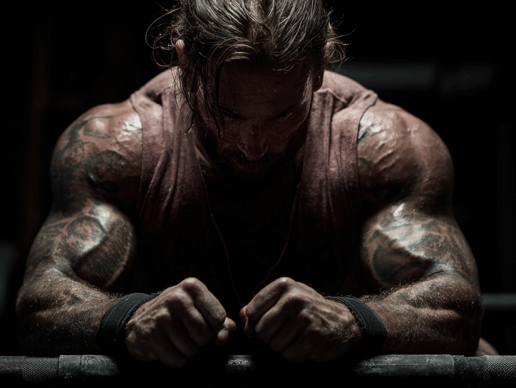 Body builder tired with head down from working out