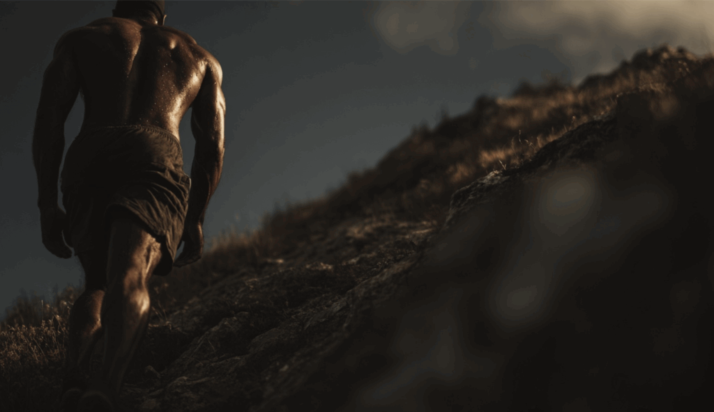 male hiking up hill