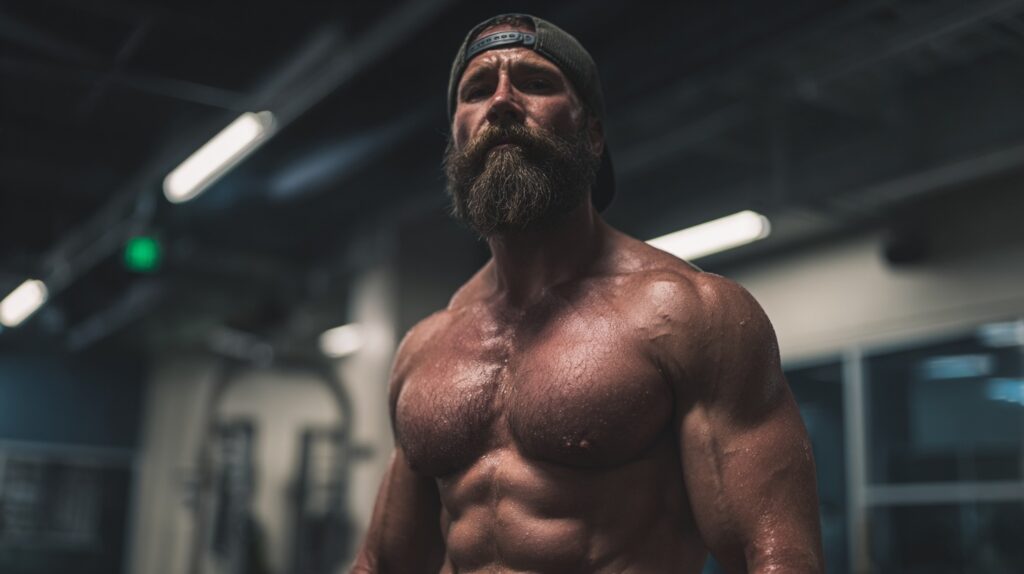 male body builder at gym looking into camera with hat on.