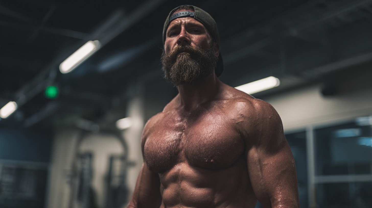 male body builder at gym looking into camera with hat on.