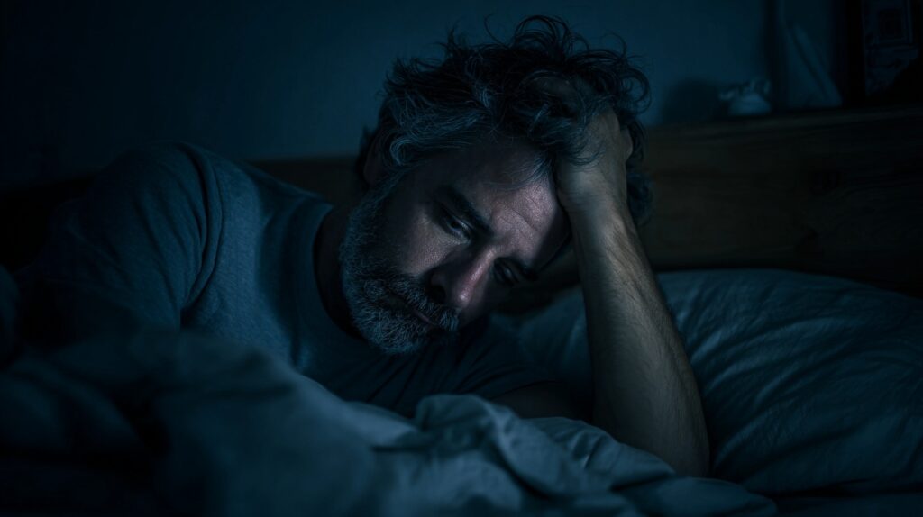 male in bed, struggling to sleep