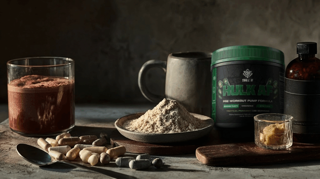 a photo of different pre workout options, coffee some in pill form, and some supplement bottles
