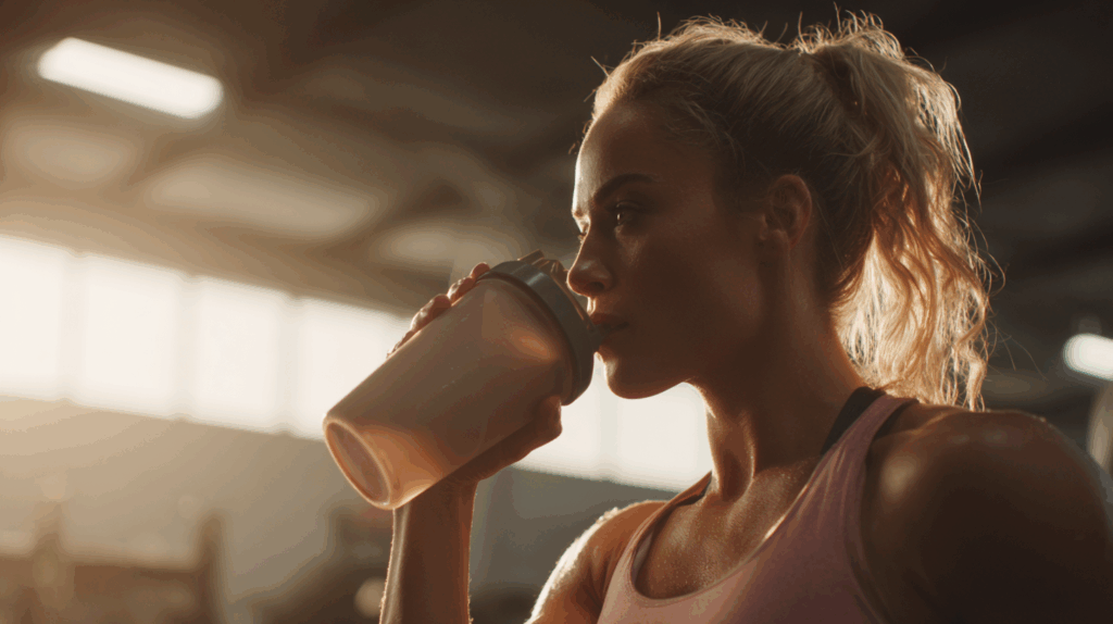 woman gym goer drinking pre workout before workout