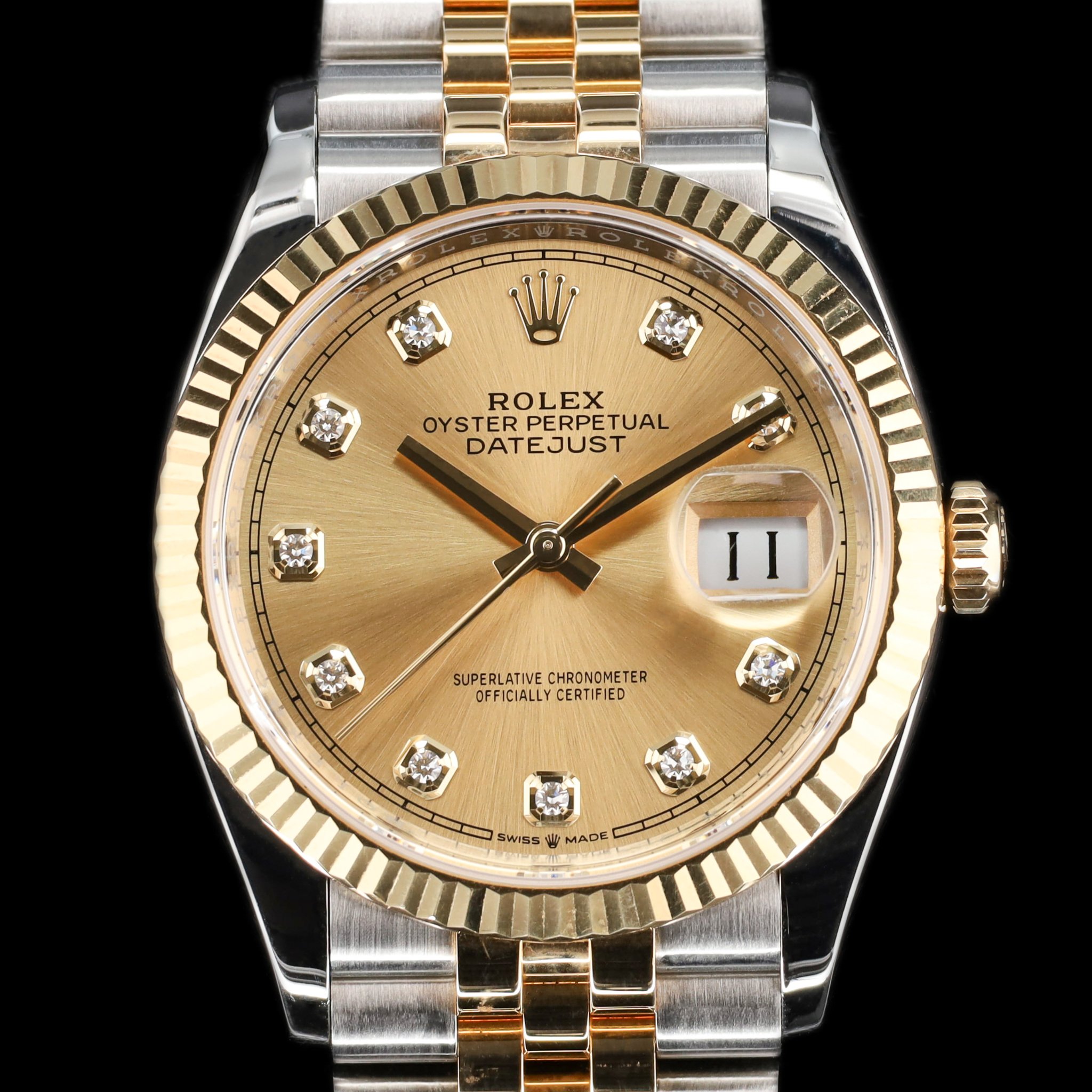 Rolex Datejust 36 Champagne Diamond Dial Two Tone Yellow Gold Fluted Bezel Bracelet — photo 1