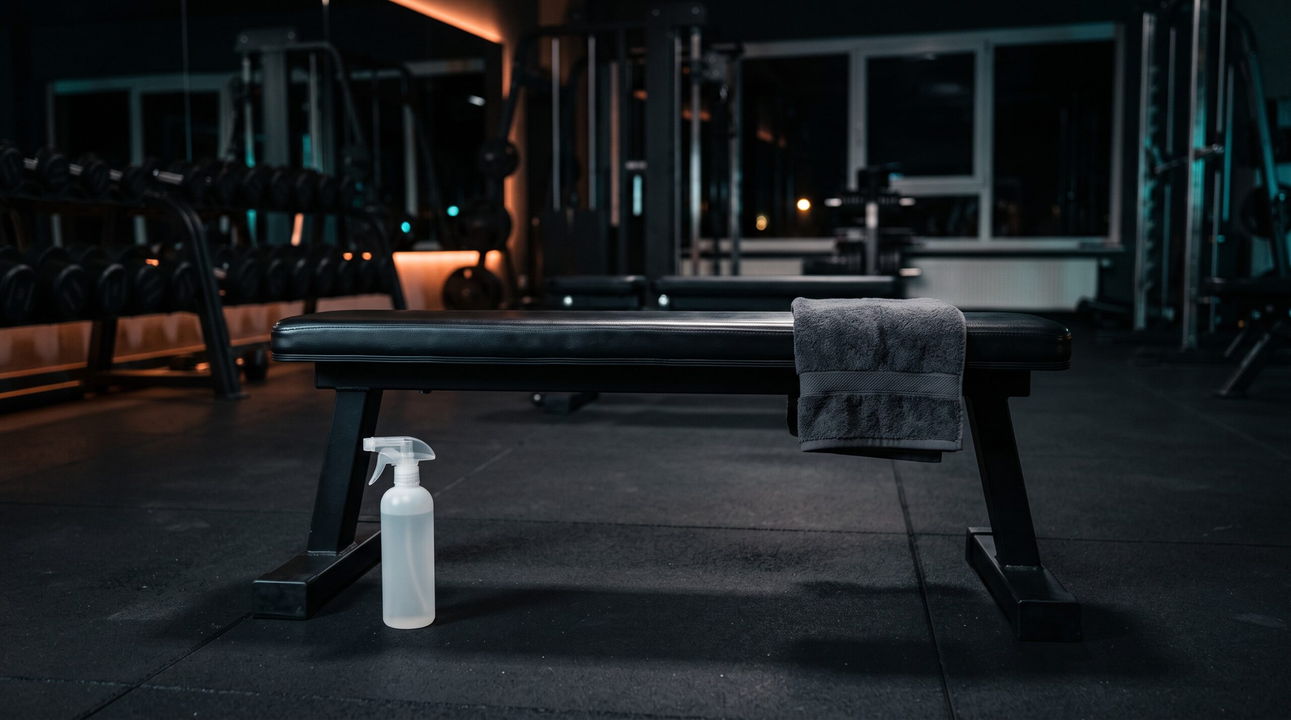 A clean flat weight bench with a folded towel on one end and a spray bottle on the floor beside it