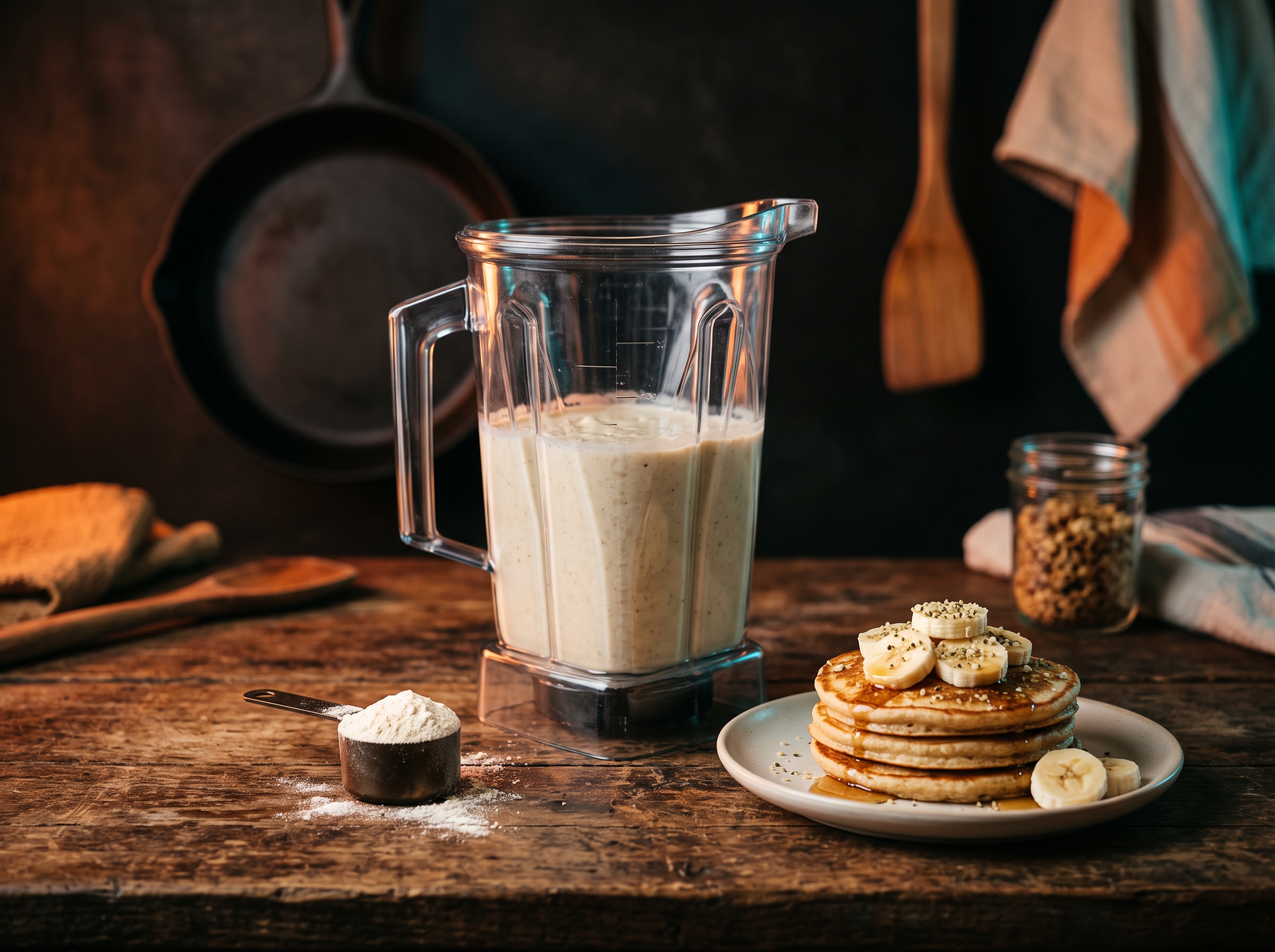 A glass blender jug of pale smoothie on a wooden board beside a steel scoop of white powder, sliced banana and a small stack of pancakes in a plain plate