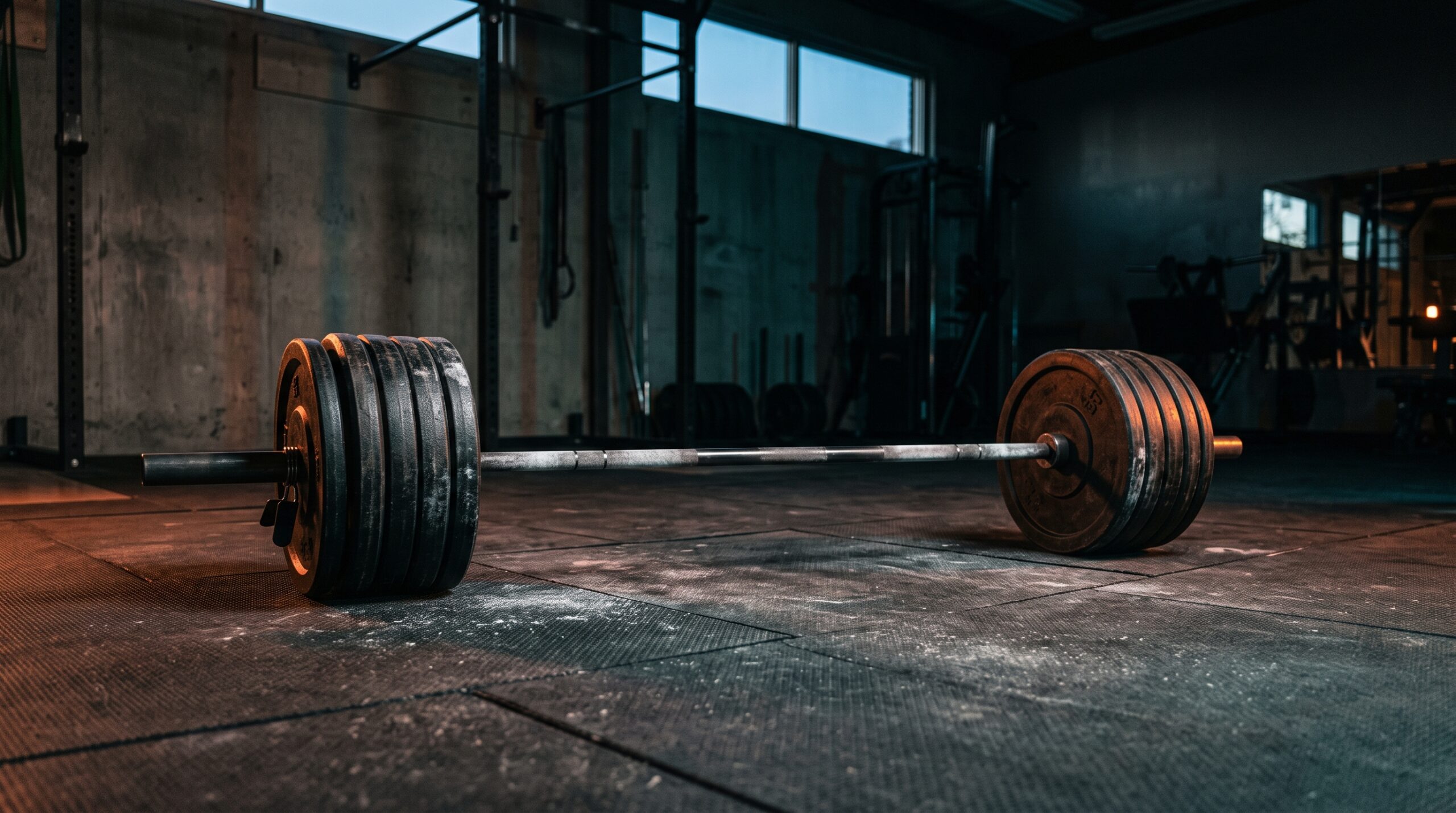 A loaded barbell left on the rubber flooring of an empty weight room, chalk dust visible on the bar
