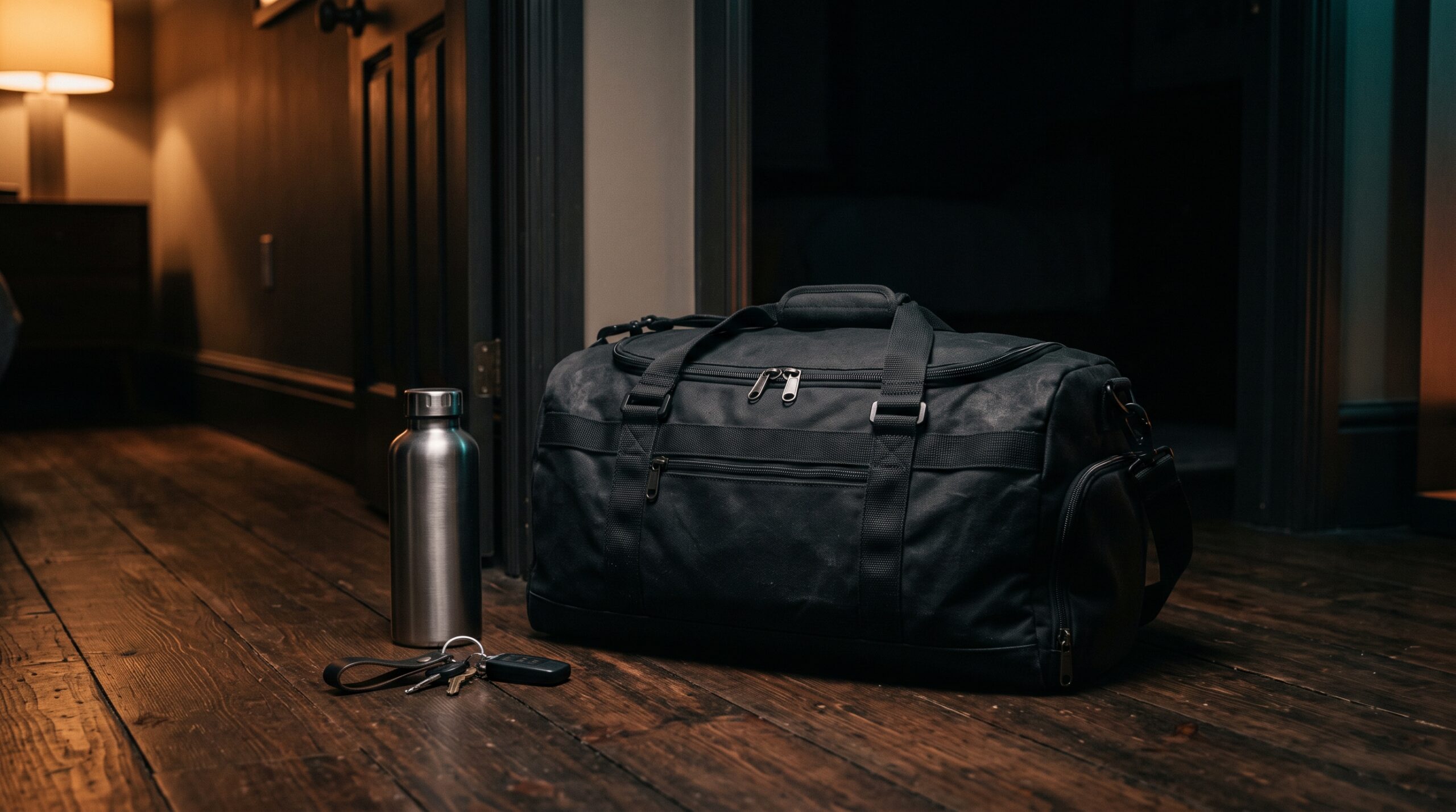 A packed black duffel gym bag standing by a doorway on a wooden floor at night, with keys and a stainless water bottle on the floor beside it.