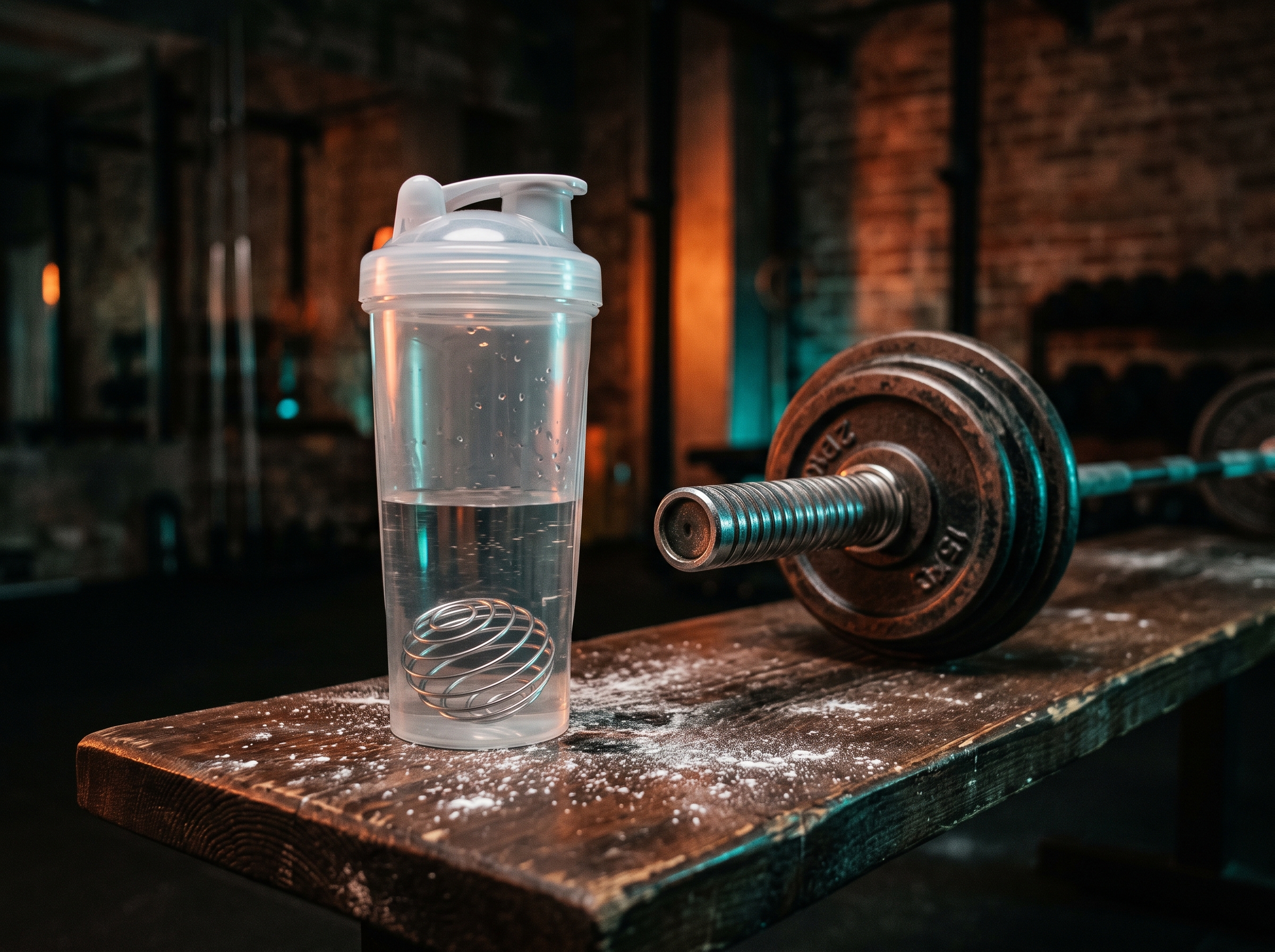A plain unlabelled shaker bottle of water on a chalk-dusted gym bench beside the end of a loaded barbell