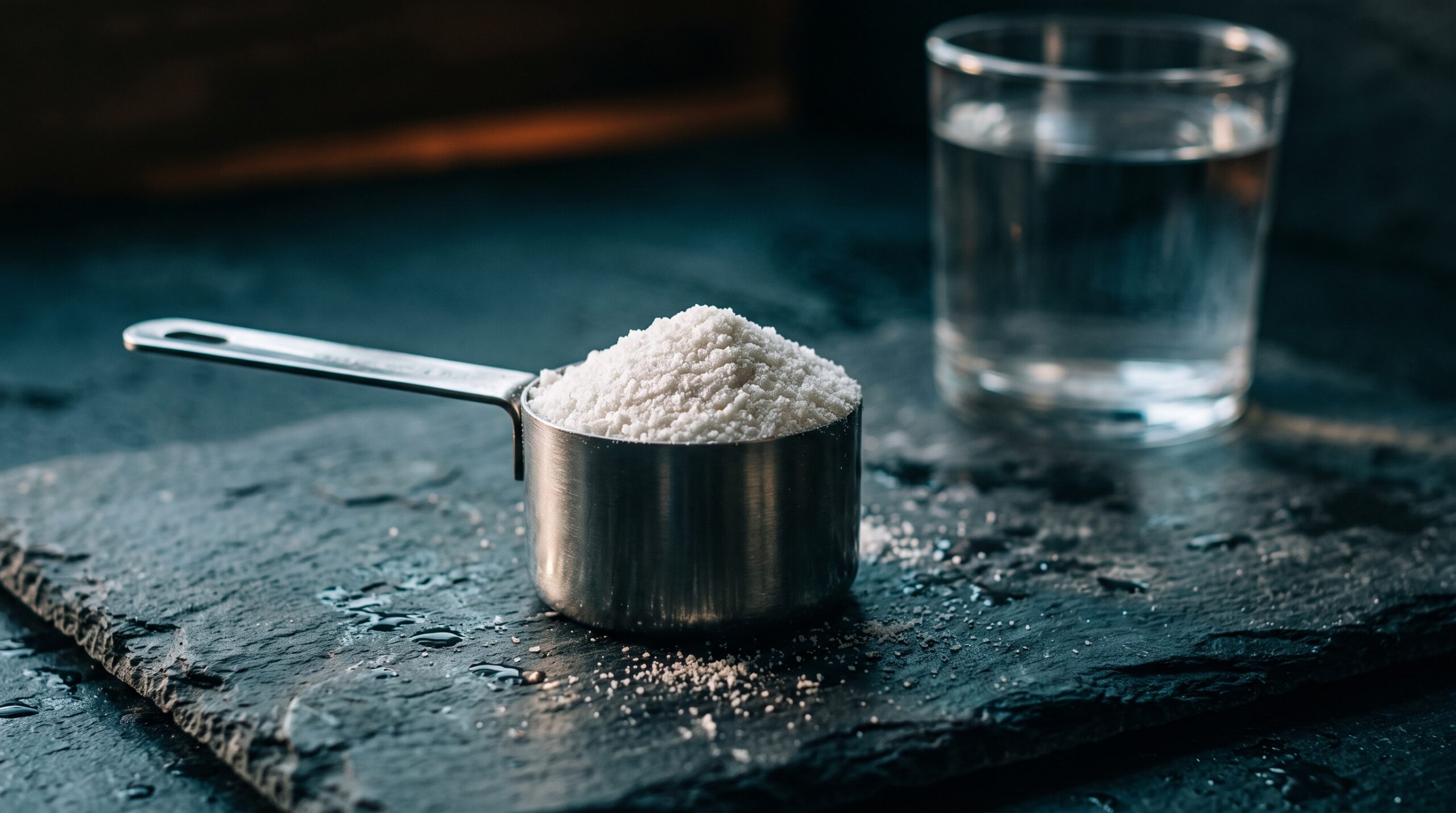 A steel scoop of fine white powder on dark stone with an unmarked glass of water blurred behind it