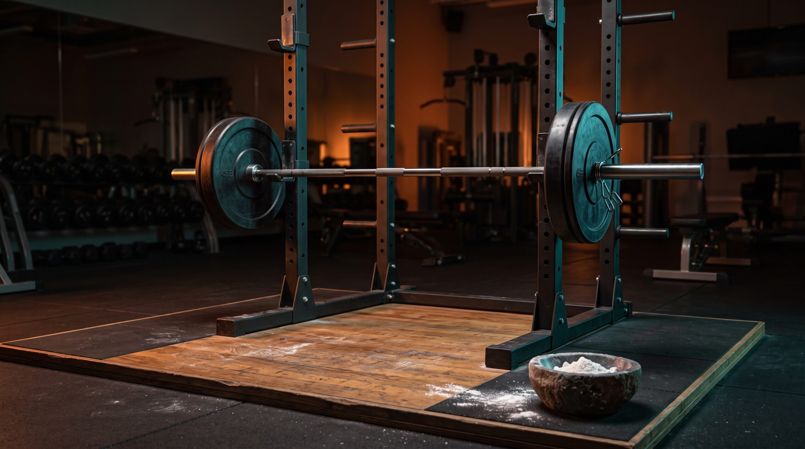 An empty squat rack holding a barbell with collars on both sleeves, and a bowl of chalk at the edge of the platform