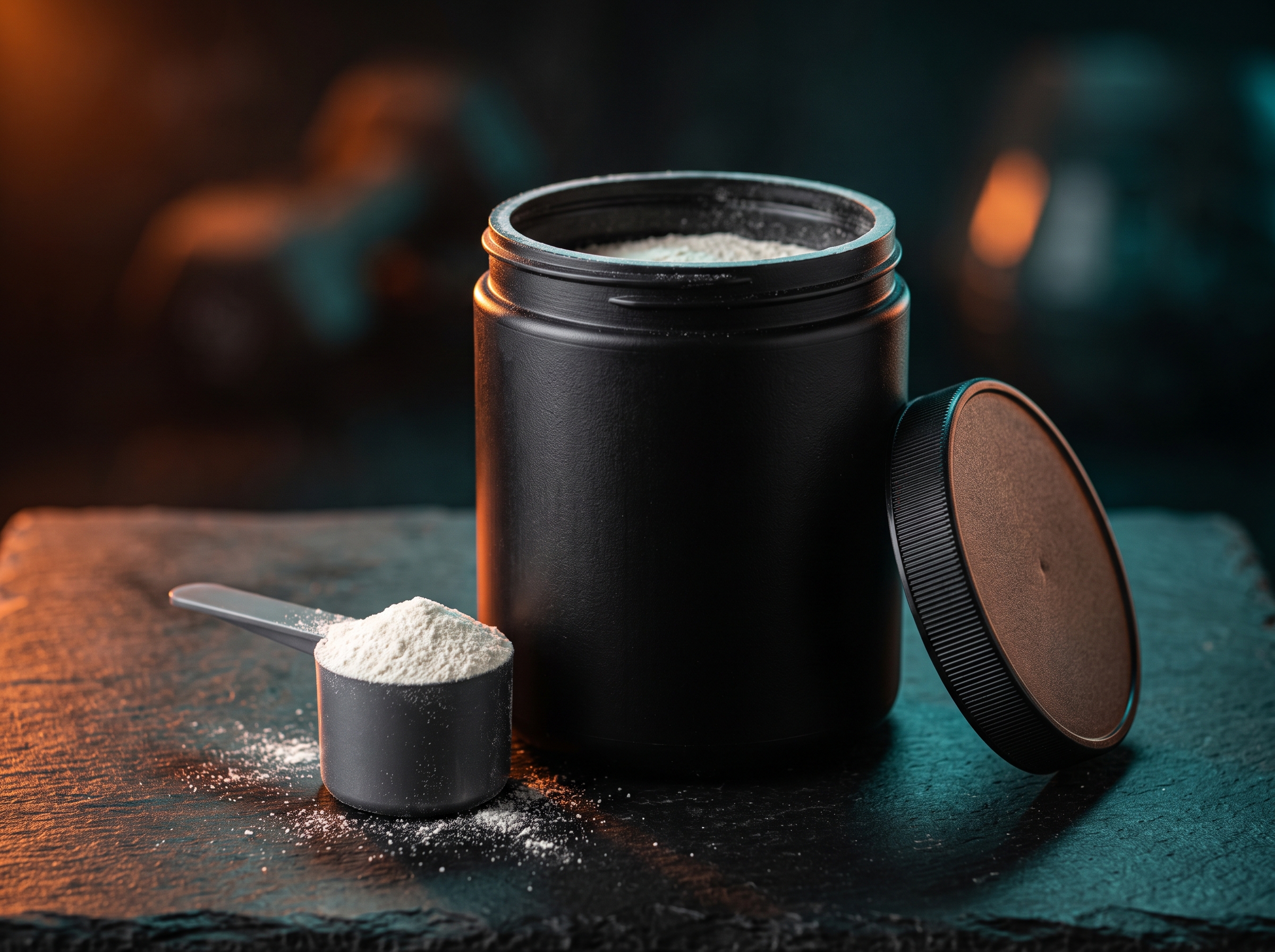 An unbranded black tub beside a scoop of fine white powder on a dark slate surface