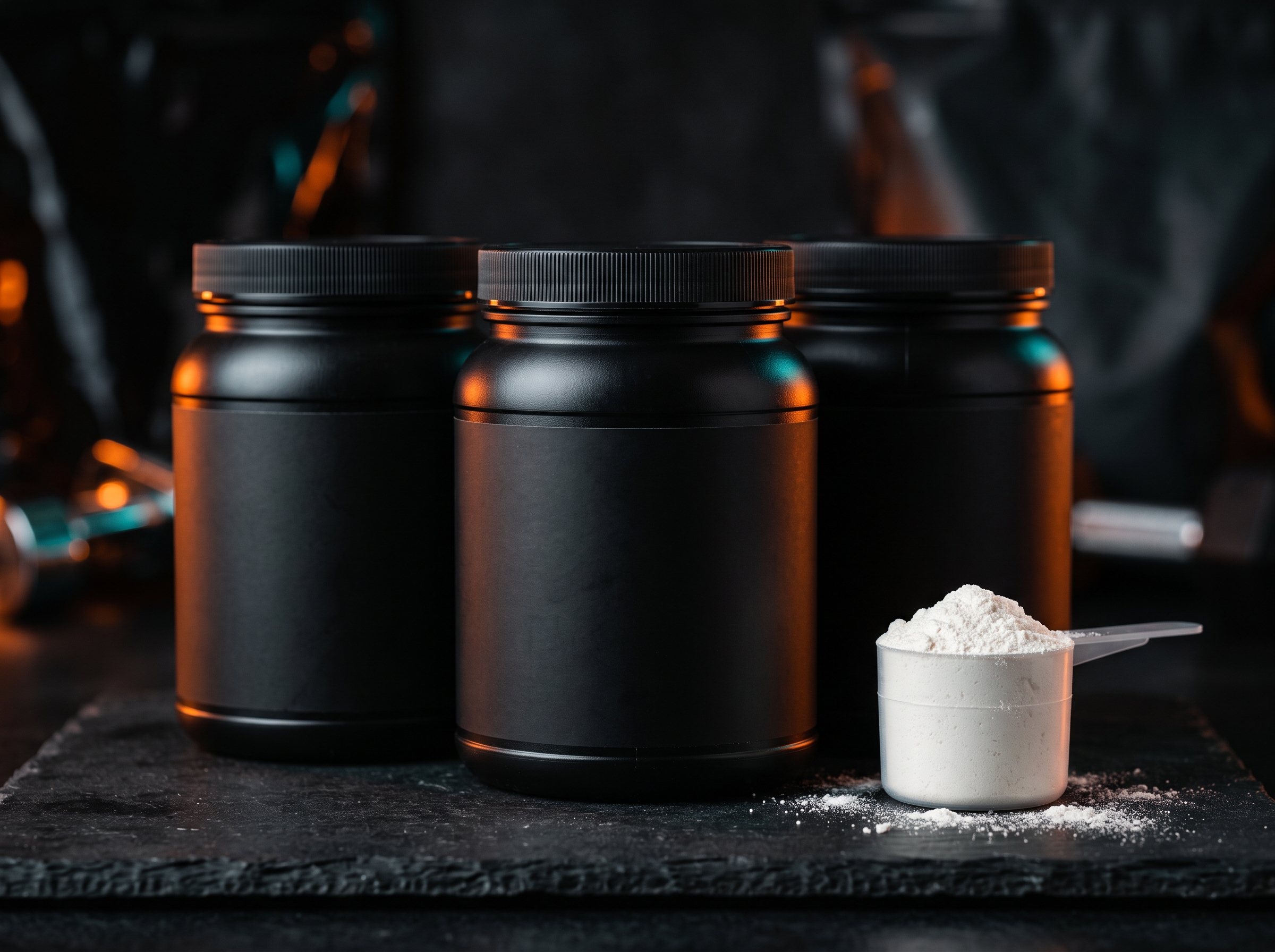 Three unbranded black supplement tubs and a scoop of white powder on a dark slate surface