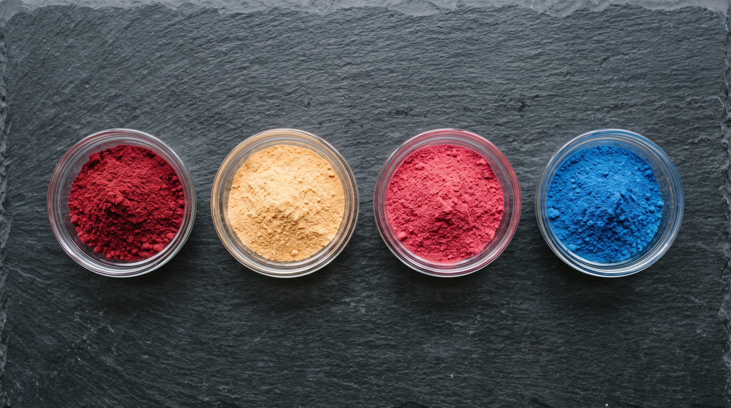 Four small glass bowls of differently coloured drink powder lined up on a dark slate surface